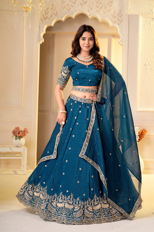 Captivating Teal Blue Crunchy Silk Designer Lehenga Choli with Golden Embroidery Work and Dupatta