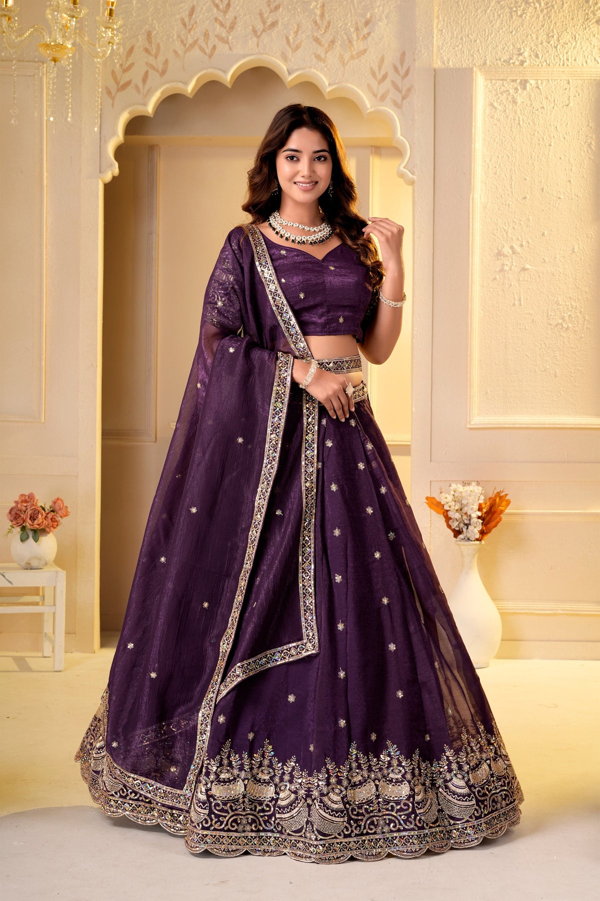 Enchanting Wine Crunchy Silk Designer Lehenga Choli with Golden Embroidery Work and Dupatta