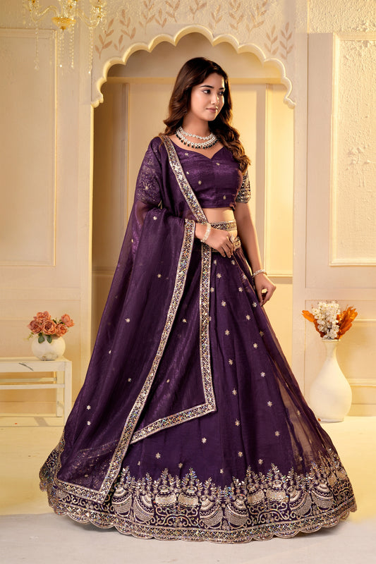 Enchanting Wine Crunchy Silk Designer Lehenga Choli with Golden Embroidery Work and Dupatta