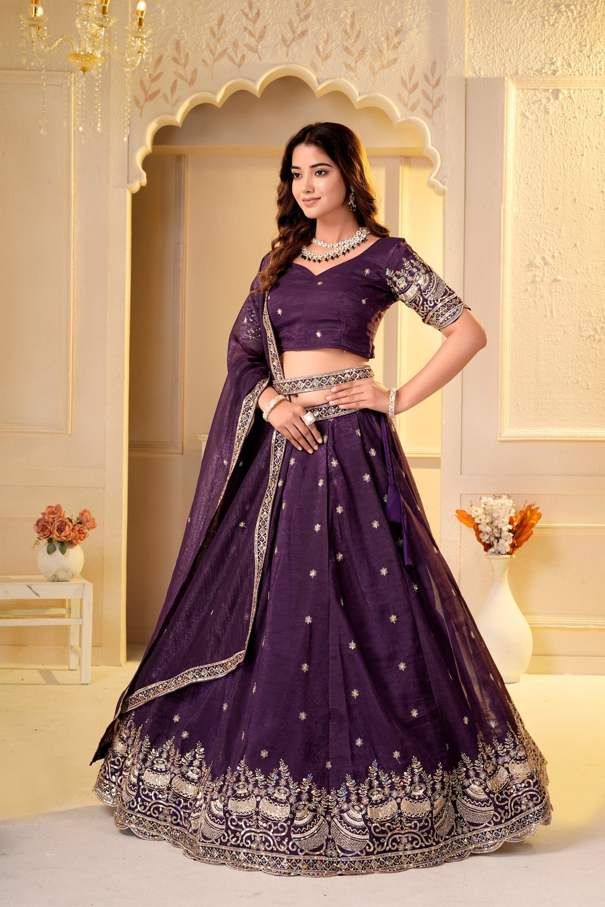 Enchanting Wine Crunchy Silk Designer Lehenga Choli with Golden Embroidery Work and Dupatta