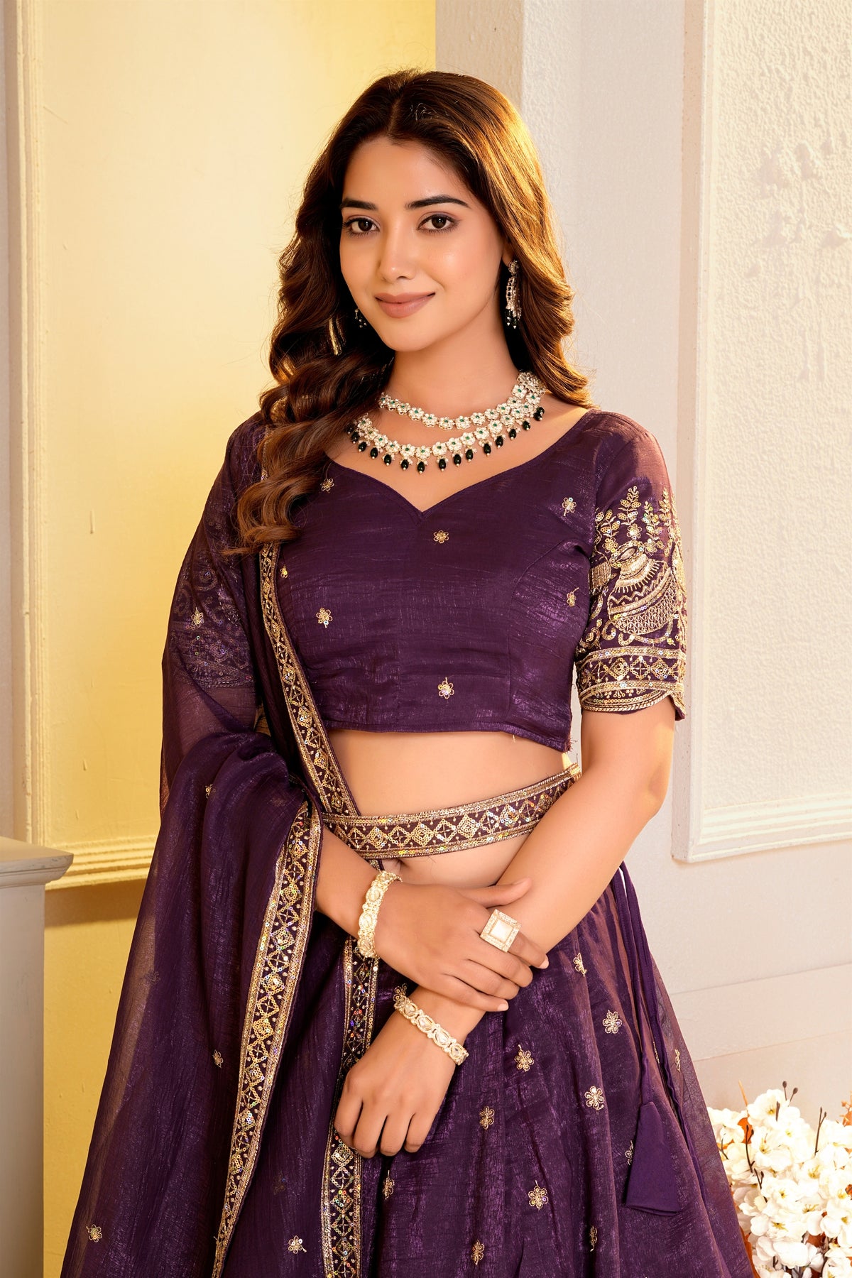 Enchanting Wine Crunchy Silk Designer Lehenga Choli with Golden Embroidery Work and Dupatta