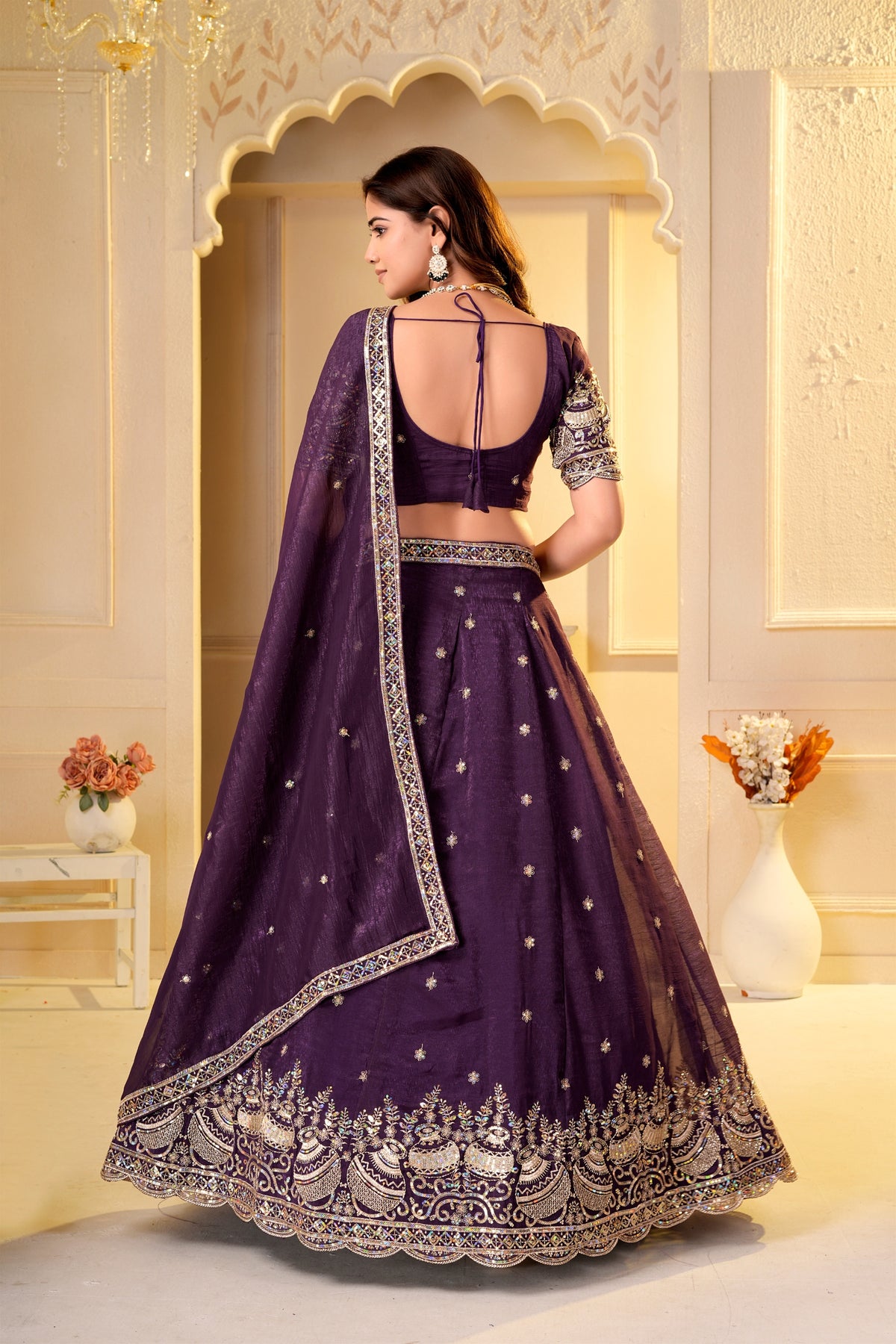 Enchanting Wine Crunchy Silk Designer Lehenga Choli with Golden Embroidery Work and Dupatta