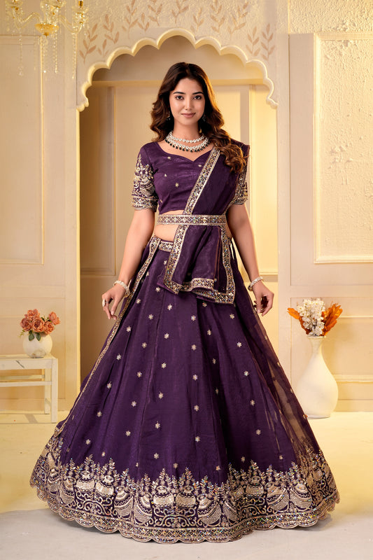 Enchanting Wine Crunchy Silk Designer Lehenga Choli with Golden Embroidery Work and Dupatta