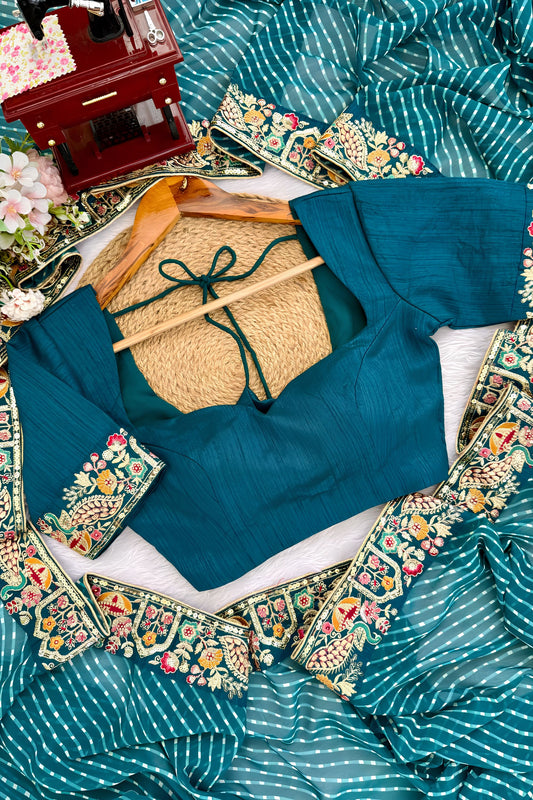 Stunning Teal Blue Faux Georgette Thread Sequins Embroidery Bandhani Print Saree for Women