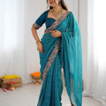 Stunning Teal Blue Faux Georgette Thread Sequins Embroidery Bandhani Print Saree for Women