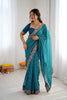 Stunning Teal Blue Faux Georgette Thread Sequins Embroidery Bandhani Print Saree for Women