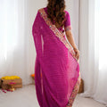 Beautiful Magenta Faux Georgette Bandhani Print Thread Sequins Embroidery Saree for Women