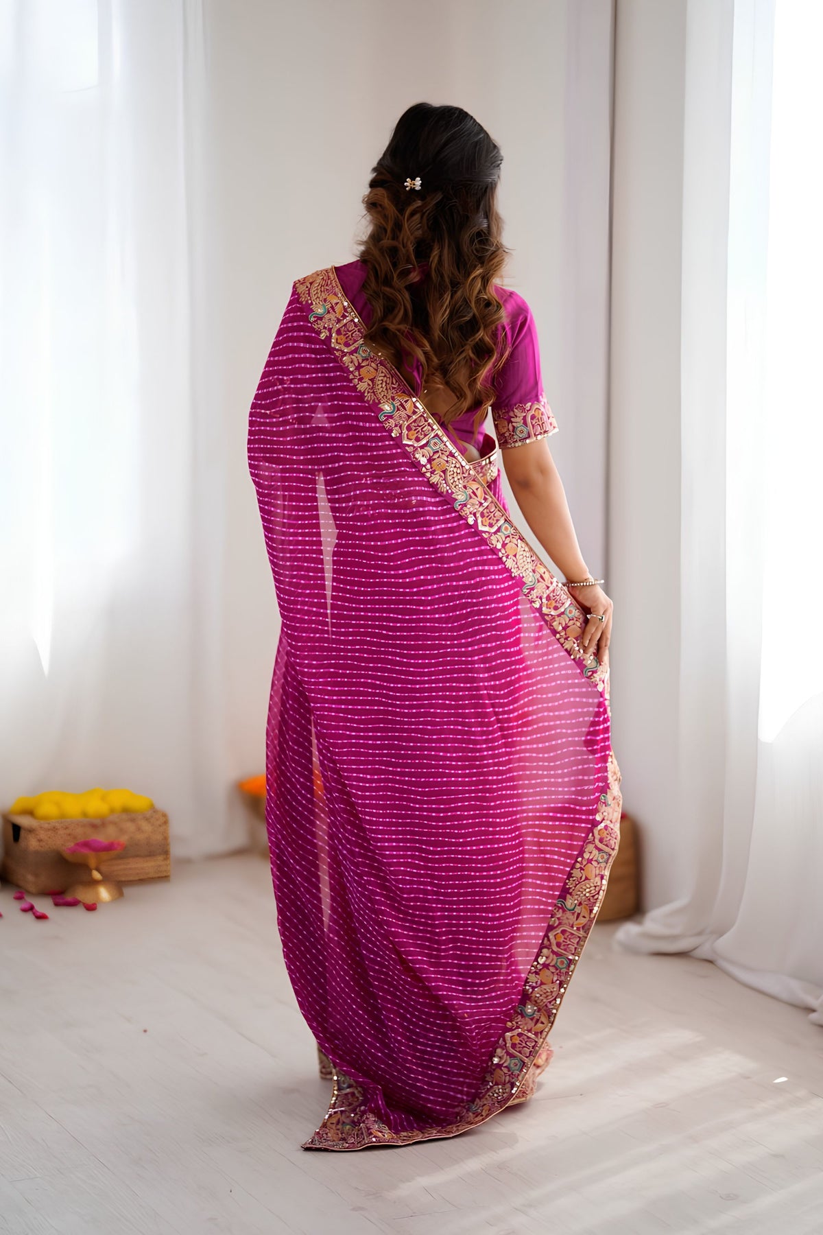 Beautiful Magenta Faux Georgette Bandhani Print Thread Sequins Embroidery Saree for Women