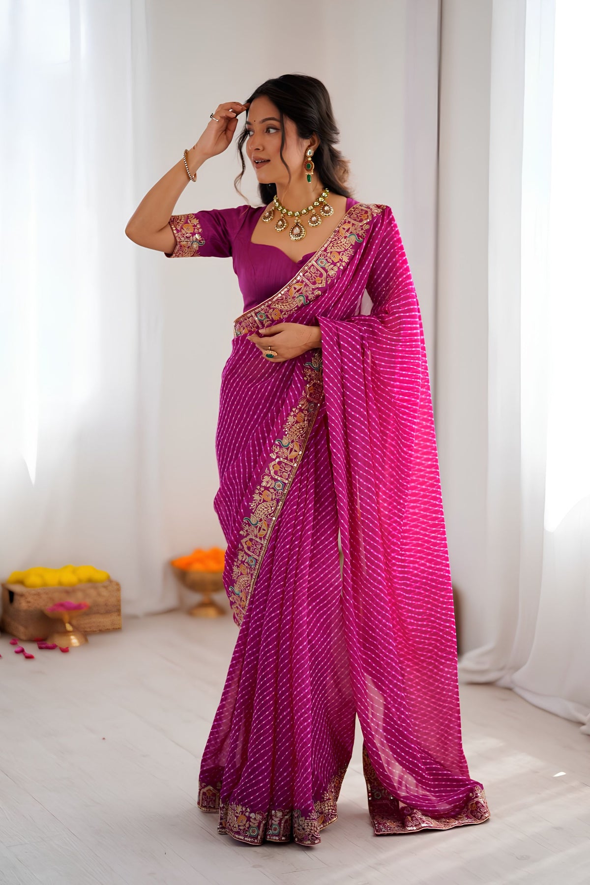Beautiful Magenta Faux Georgette Bandhani Print Thread Sequins Embroidery Saree for Women