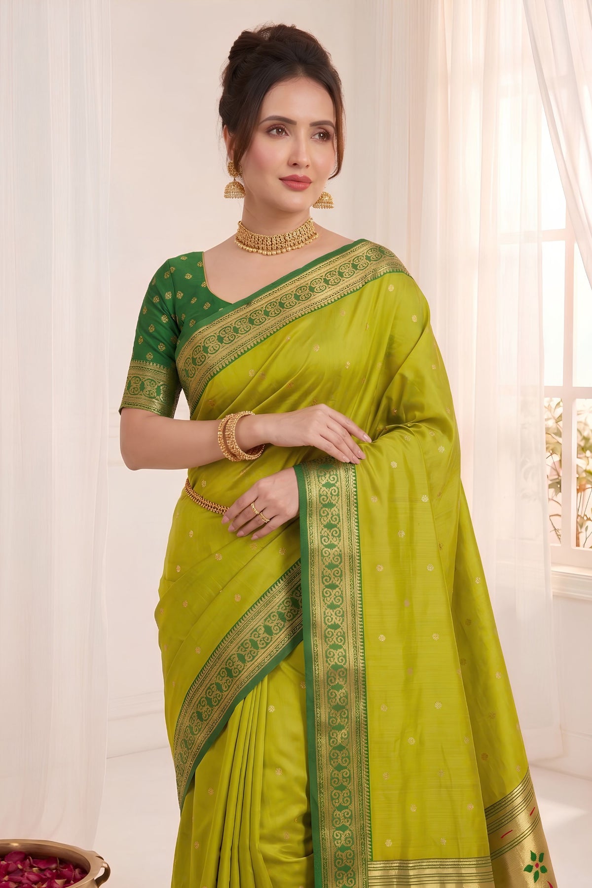 Graceful Lime Green Soft Silk Paithani Woven Designer Saree for Women