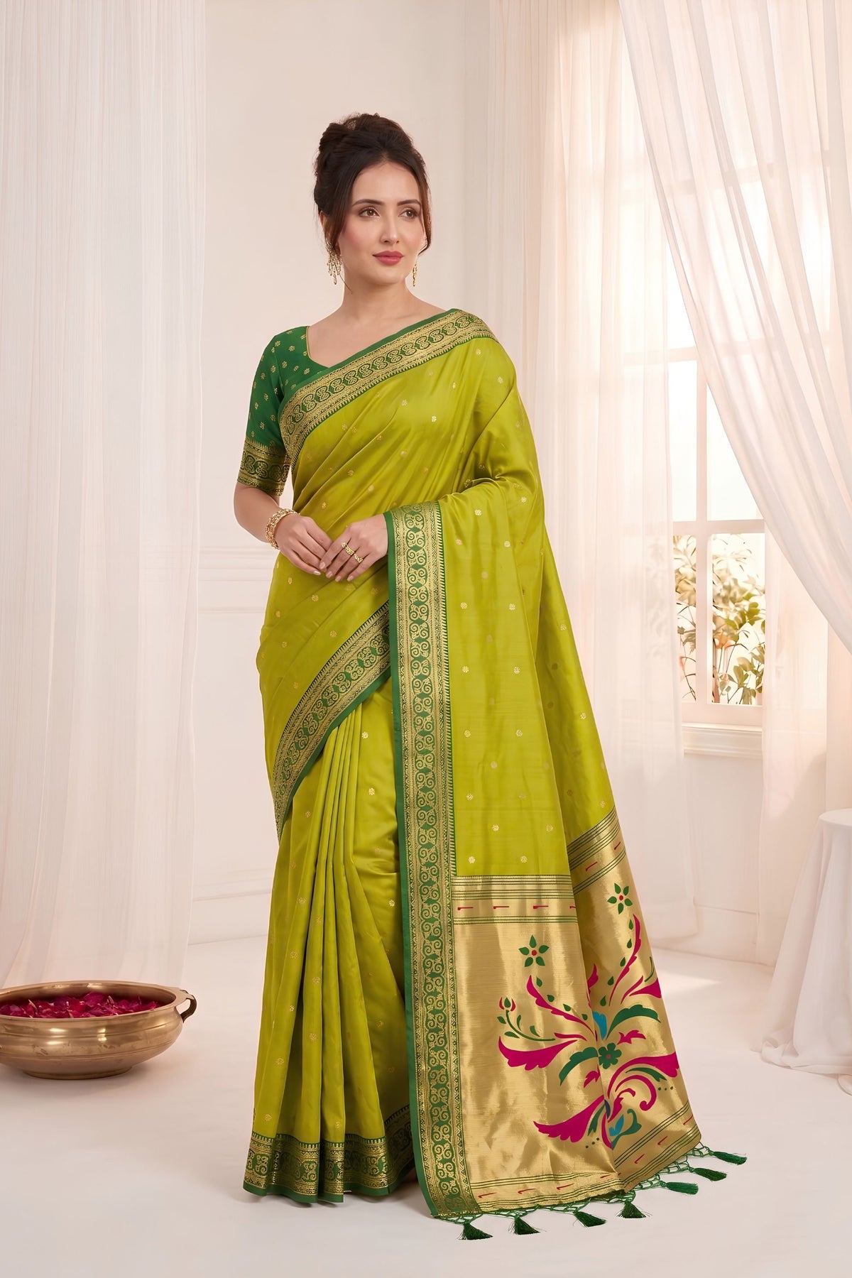 Graceful Lime Green Soft Silk Paithani Woven Designer Saree for Women