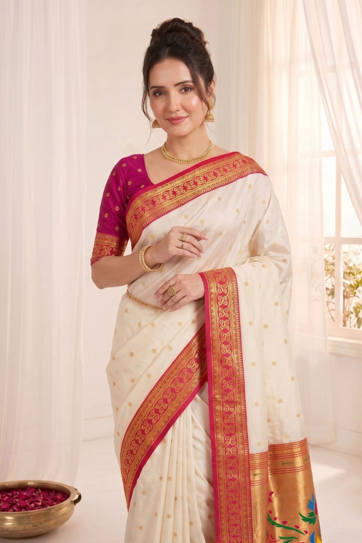 Stunning Off White Soft Silk Paithani Woven Designer Saree for Women