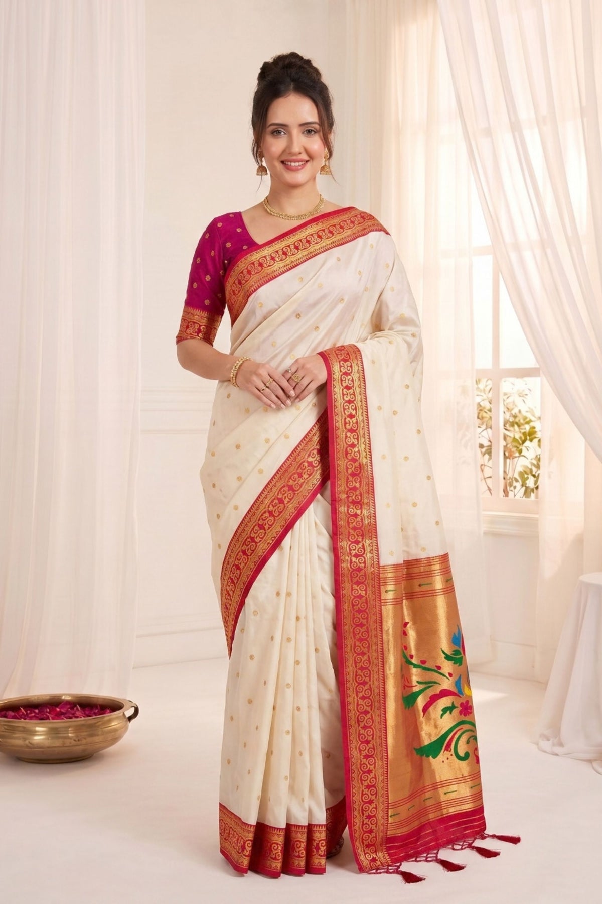 Stunning Off White Soft Silk Paithani Woven Designer Saree for Women