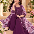 Captivating Purple Cotton Floral Printed Palazzo Suit with Embroidered Shrug for Girls