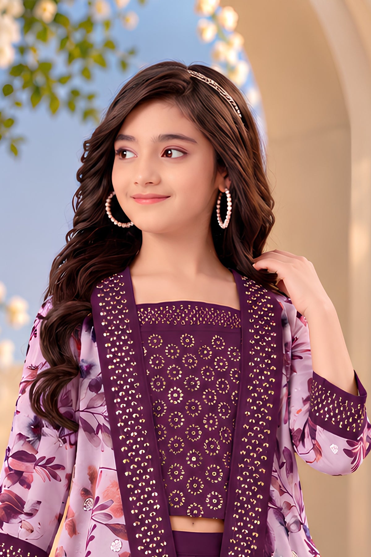 Captivating Purple Cotton Floral Printed Palazzo Suit with Embroidered Shrug for Girls