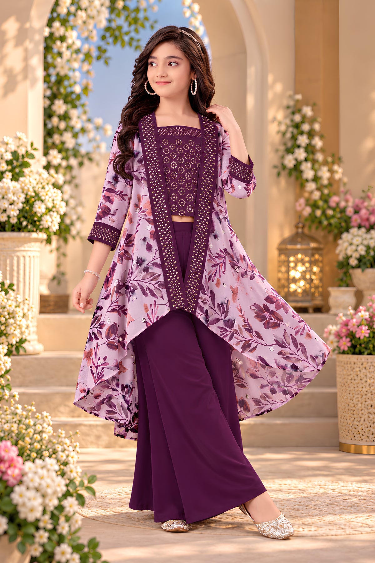 Captivating Purple Cotton Floral Printed Palazzo Suit with Embroidered Shrug for Girls