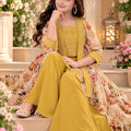 Radiant Mustard Yellow Floral Printed Cotton Palazzo Suit with Embroidered Shrug for Girls