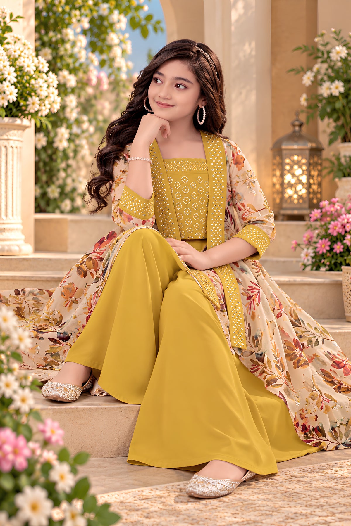 Radiant Mustard Yellow Floral Printed Cotton Palazzo Suit with Embroidered Shrug for Girls