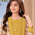 Radiant Mustard Yellow Floral Printed Cotton Palazzo Suit with Embroidered Shrug for Girls