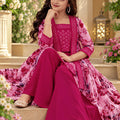 Vibrant Rani Pink Floral Printed Designer Palazzo Suit with Embroidered Shrug for Girls
