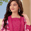 Vibrant Rani Pink Floral Printed Designer Palazzo Suit with Embroidered Shrug for Girls