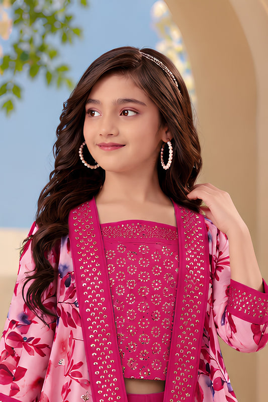 Vibrant Rani Pink Floral Printed Designer Palazzo Suit with Embroidered Shrug for Girls