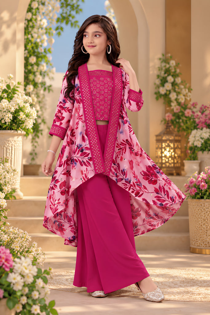 Vibrant Rani Pink Floral Printed Designer Palazzo Suit with Embroidered Shrug for Girls