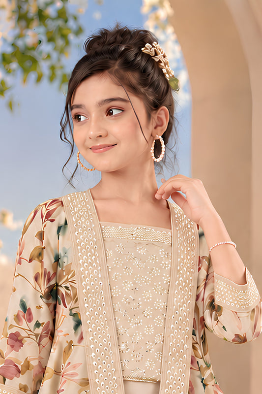 Elegant Beige Cotton Floral Printed Palazzo Suit with Embroidered Shrug for Girls