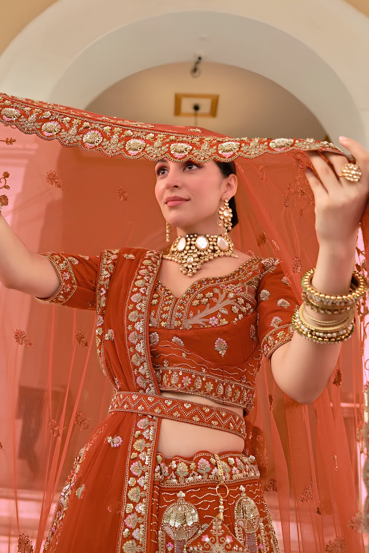 Exquisite Rust Orange Premium Silk Bridal Lehenga Choli with Heavy Embroidery Work and Dupatta