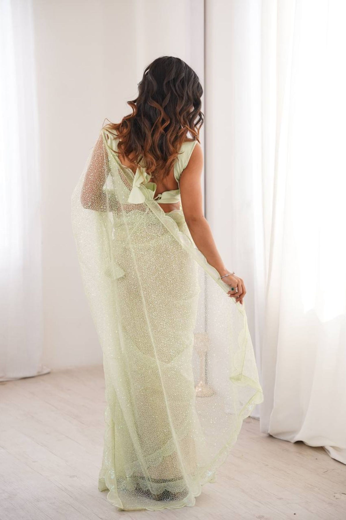 Elegant Pastel Green Heavy Soft Net Thread Sequin Embroidery Work Saree for Women