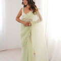 Elegant Pastel Green Heavy Soft Net Thread Sequin Embroidery Work Saree for Women