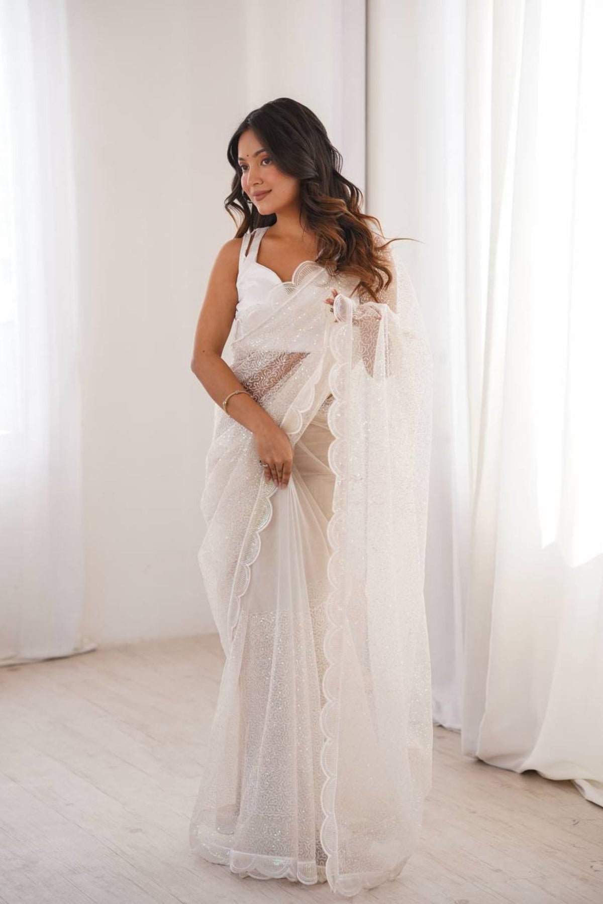 Premium White Heavy Soft Net Sequin Embroidery Saree for Women