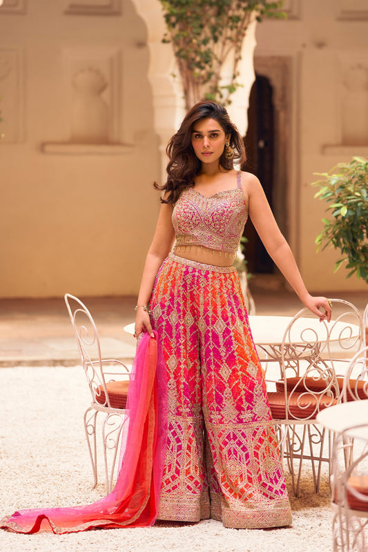 Exquisite Rani Pink Chinon Silk Designer Palazzo Suit with Heavy Embroidery Work and Dupatta