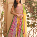 Vibrant Multicolor Chinon Silk Designer Palazzo Suit with Heavy Embroidery Work and Contrast Dupatta