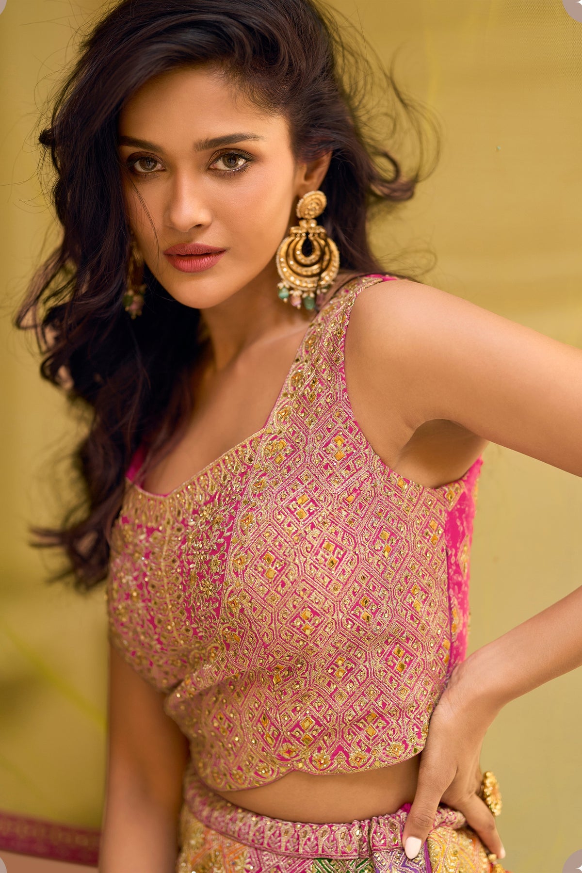 Vibrant Multicolor Chinon Silk Designer Palazzo Suit with Heavy Embroidery Work and Contrast Dupatta