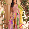 Vibrant Multicolor Chinon Silk Designer Palazzo Suit with Heavy Embroidery Work and Contrast Dupatta