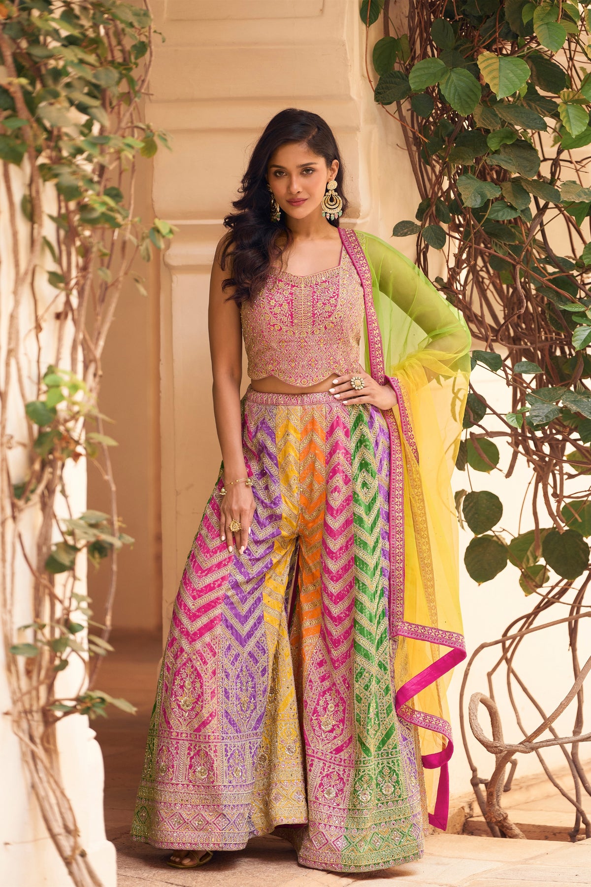Vibrant Multicolor Chinon Silk Designer Palazzo Suit with Heavy Embroidery Work and Contrast Dupatta