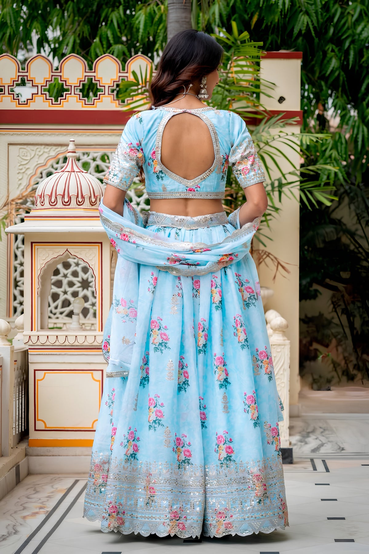 Radiant Sky Blue Georgette Floral Printed Designer Lehenga Choli with Dupatta for Women