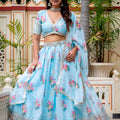 Radiant Sky Blue Georgette Floral Printed Designer Lehenga Choli with Dupatta for Women