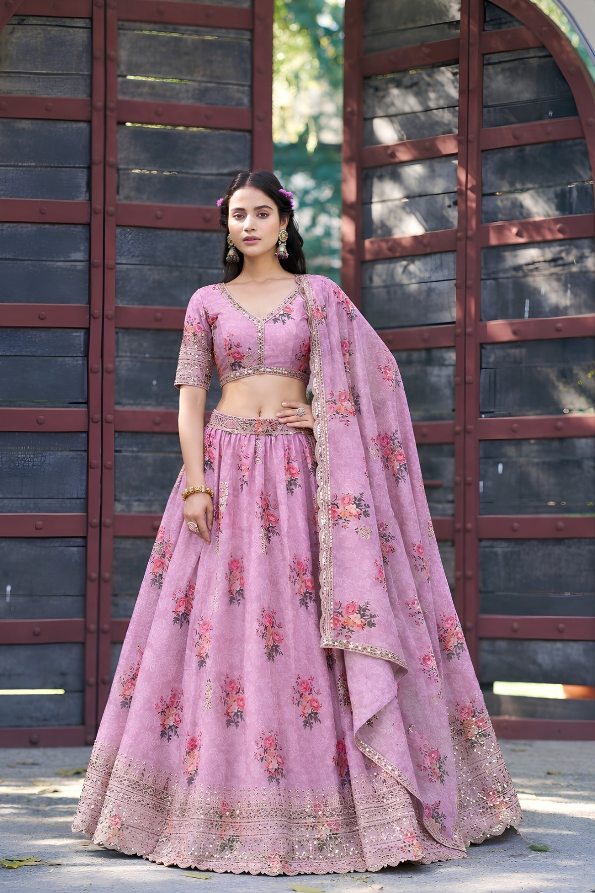 Charming Pink Georgette Floral Printed Designer Lehenga Choli with Dupatta for Women