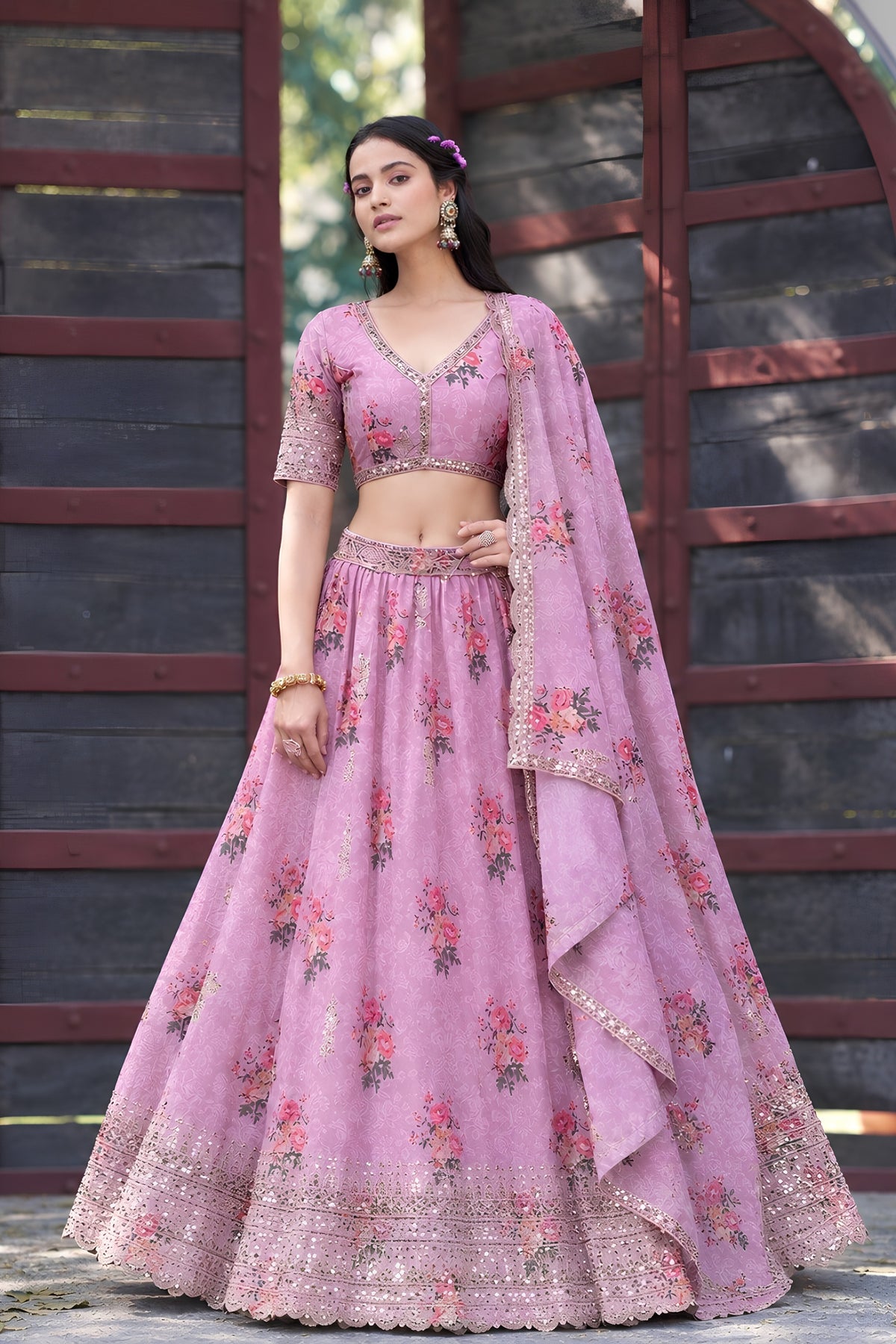 Charming Pink Georgette Floral Printed Designer Lehenga Choli with Dupatta for Women