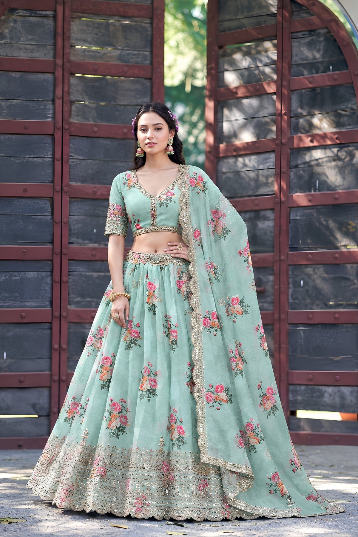 Refreshing Mint Green Georgette Floral Printed Designer Lehenga Choli with Dupatta for Women