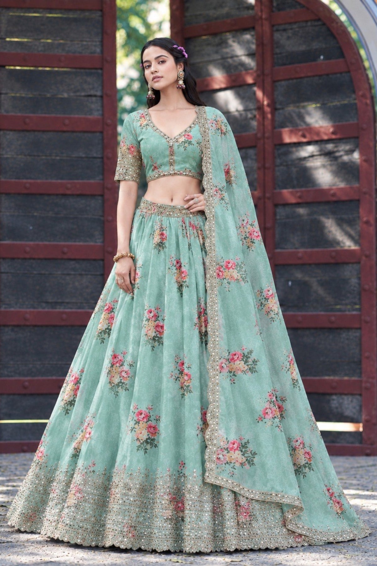 Refreshing Mint Green Georgette Floral Printed Designer Lehenga Choli with Dupatta for Women
