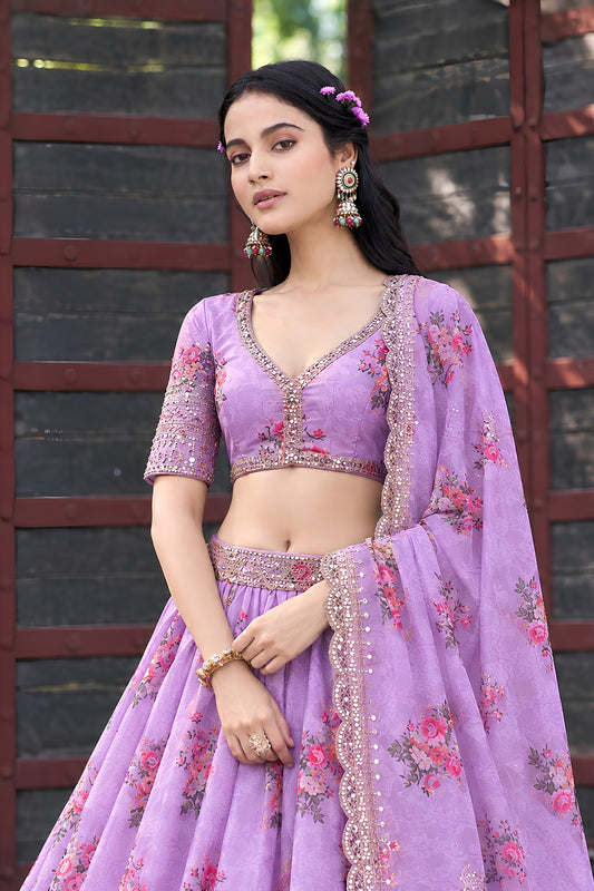 Enchanting Lavender Georgette Floral Printed Designer Lehenga Choli with Dupatta for Women