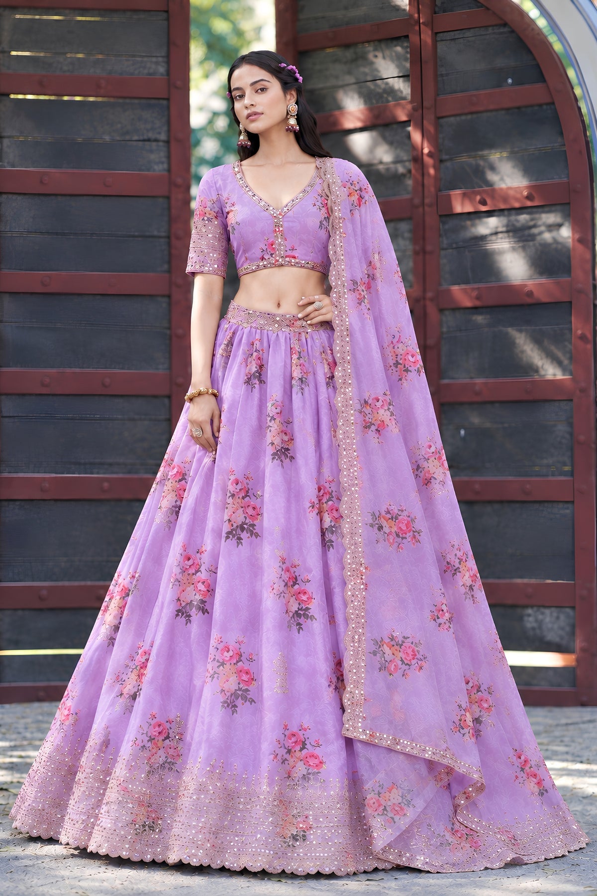 Enchanting Lavender Georgette Floral Printed Designer Lehenga Choli with Dupatta for Women