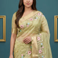 Elegant Pastel Green Organza Tissue Silk Embroidery Work Designer Saree for Women