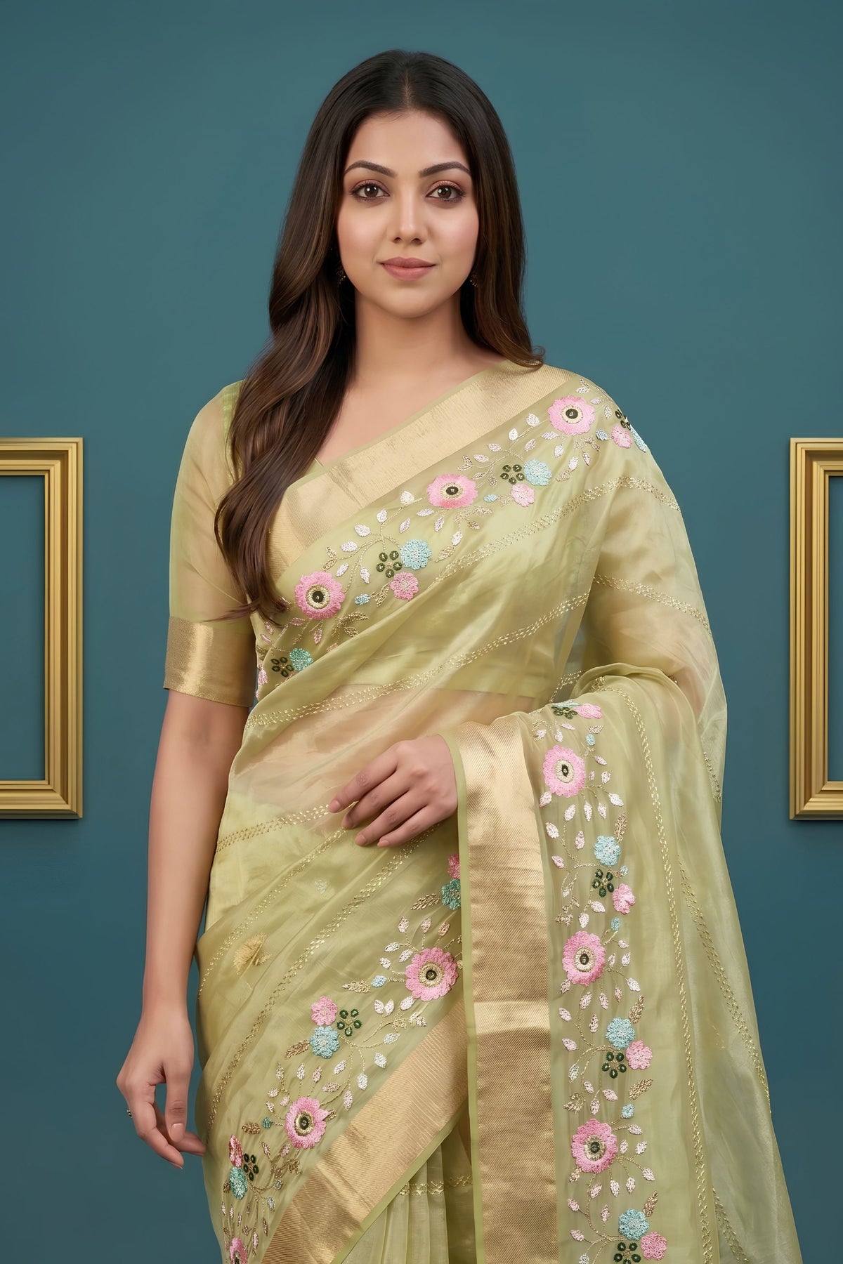 Elegant Pastel Green Organza Tissue Silk Embroidery Work Designer Saree for Women