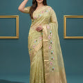 Elegant Pastel Green Organza Tissue Silk Embroidery Work Designer Saree for Women