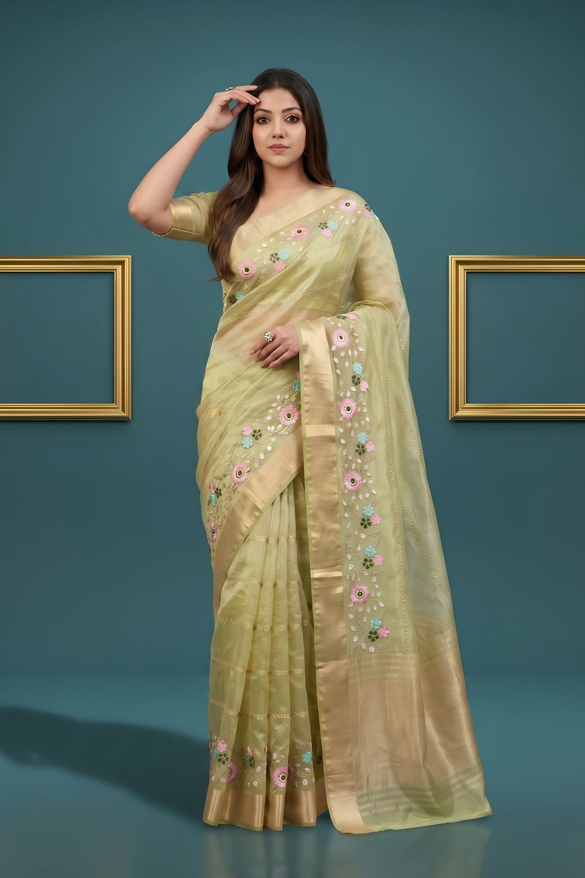 Elegant Pastel Green Organza Tissue Silk Embroidery Work Designer Saree for Women