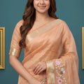 Beautiful Peach Pink Organza Tissue Silk Embroidery Work Designer Saree for Women